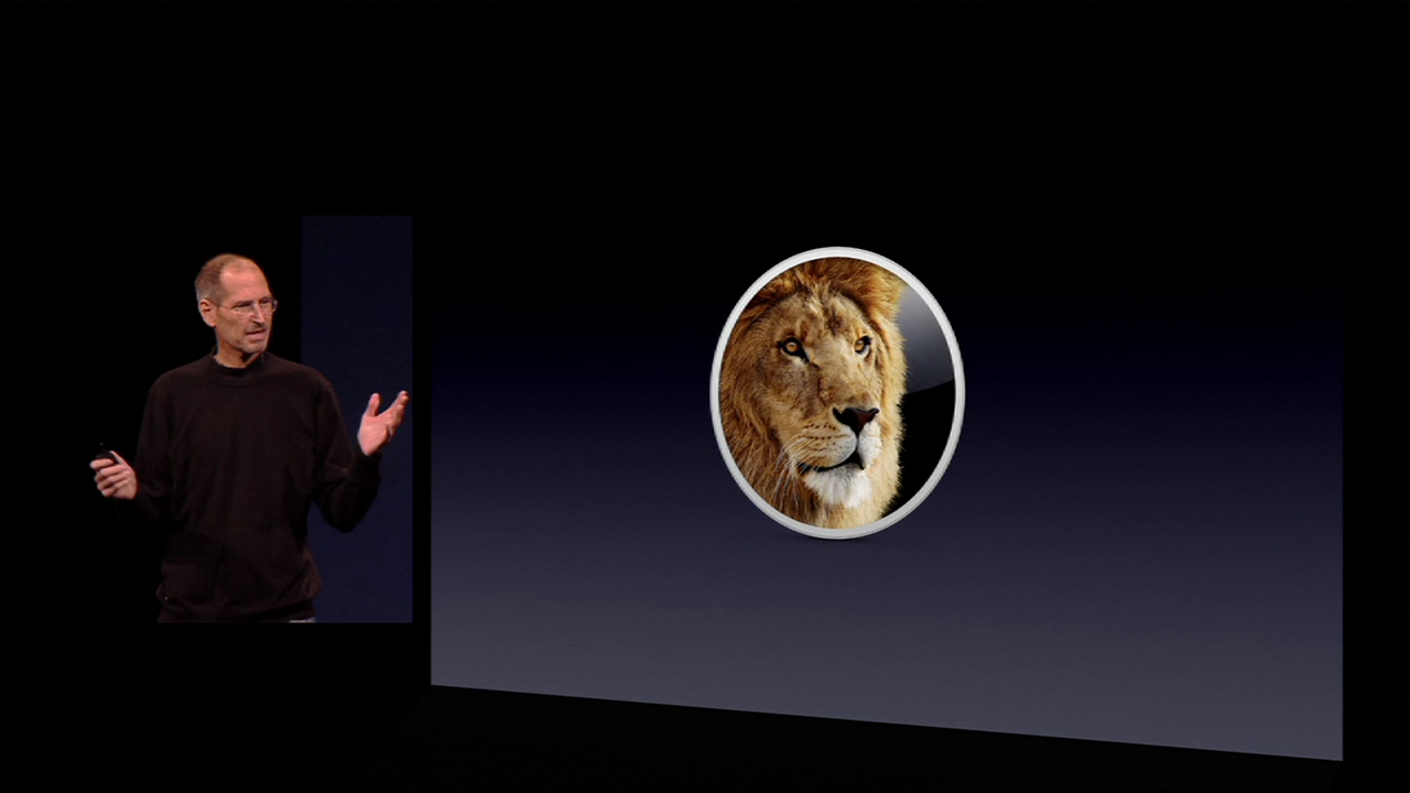 Steve Jobs on stage presenting Apple 10.7, Lion.